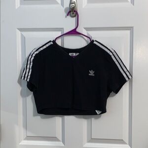 Adidas L Black Short Sleeve Crop Top with Iconic Stripes